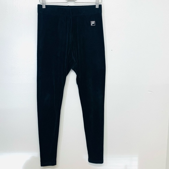 Fila Black Velour Pull On Leggings Woman  Medium Logo Leisure Activewear Travel - Picture 1 of 9